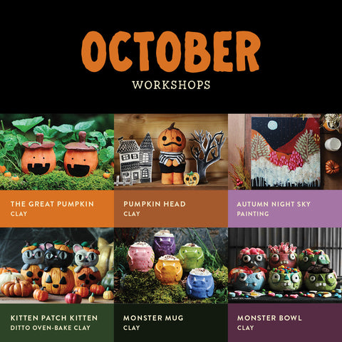 October Adult & Family | Self-Paced Workshops & Glazing {special member pricing: $6/hr self-paced workshops and $5/hr for glazing}